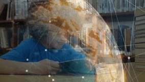 Boy placing book and opening pages in library generating educational hologram globe with data nodes. Educational, futuristic, library, innovation, curiosity, visualization, technology - Powered by Shutterstock - Get 15% off with code: PIKWIZARD15