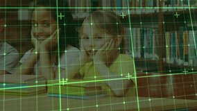 Three students resting on hands watching shifting green grid overlay uncovering school reading area. Students, education, learning, library, teamwork, discovery, digital overlay - Powered by Shutterstock - Get 15% off with code: PIKWIZARD15