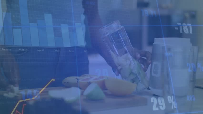 Woman layering fruits into jar, starting animated charts rising then smiling during health demo. Health, nutrition, wellness, smoothie, fresh, lifestyle, modern