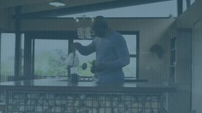 Coffee shop barista reaching for scoop, pouring grounds into siphon brewer generating data overlay. Barista, specialty coffee, modern equipment, data visualization, tech-inspired, urban café, - Powered by Shutterstock - Get 15% off with code: PIKWIZARD15