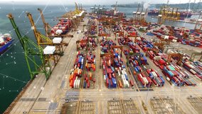 Digital network overlay fading in highlighting containers with sliding panels showing yard metrics. Harbor, logistics, infrastructure, automation, industrial, transportation, connectivity - Powered by Shutterstock - Get 15% off with code: PIKWIZARD15