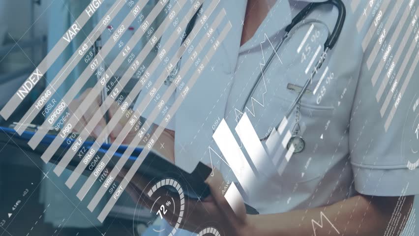 Clinician tapping tablet updating bar charts, taking notes as pie charts and world map emerging. Medical, analytics, technology, healthcare, data, precision, scientific - Powered by Shutterstock - Get 15% off with code: PIKWIZARD15