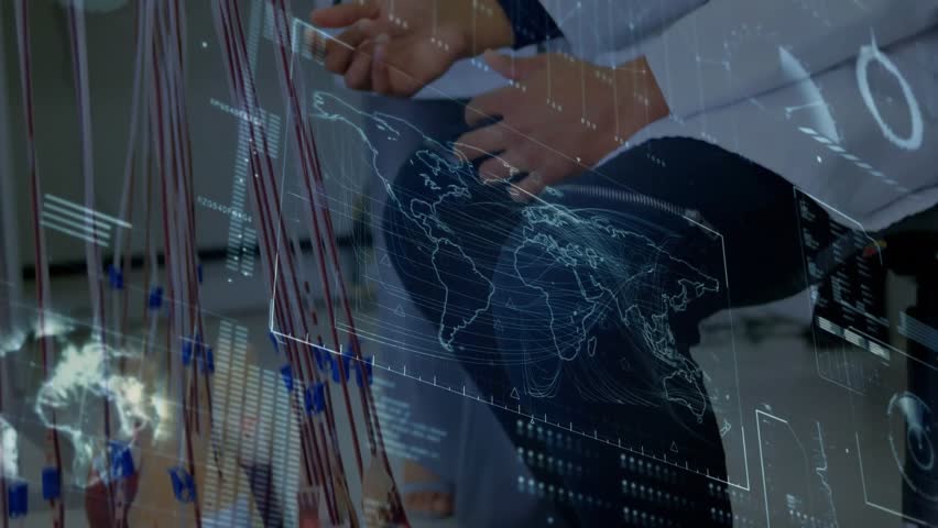 Lab technicians connecting color-coded cables, activating holographic world map for data analysis. Technicians, collaboration, technology, innovation, digital, network, futuristic - Powered by Shutterstock - Get 15% off with code: PIKWIZARD15