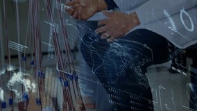 Lab technicians connecting color-coded cables, activating holographic world map for data analysis. Technicians, collaboration, technology, innovation, digital, network, futuristic - Powered by Shutterstock - Get 15% off with code: PIKWIZARD15