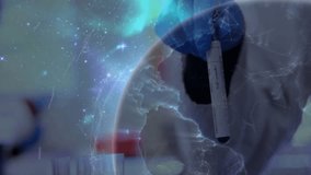 Scientist taking vial from rack, inspecting sample with lab globe overlay mapping global network. Research, innovation, technology, exploration, futuristic, discovery, connectivity - Powered by Shutterstock - Get 15% off with code: PIKWIZARD15