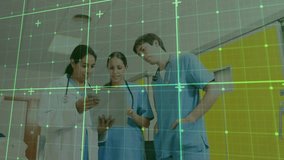 Medical team in hallway under AR grid reading tablet data, pointing scan overlay for planning. Healthcare, collaboration, innovation, technology, diagnostics, professionalism, clinical - Powered by Shutterstock - Get 15% off with code: PIKWIZARD15