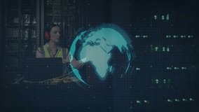 Opening IT data center rotating 3D globe rising chart, tech patching cables ensuring connectivity. Technology, cybersecurity, digital infrastructure, innovation, network, connectivity, industrial - Powered by Shutterstock - Get 15% off with code: PIKWIZARD15