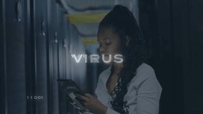 IT specialist entering server rack corridor checking devices to investigate VIRUS glitch flickering. Technology, cybersecurity, data, digital, futuristic, network, office - Powered by Shutterstock - Get 15% off with code: PIKWIZARD15