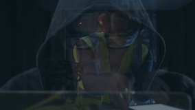 IT technician placing hands on transparent display, scrolling SQL code and saving order entries. Cybersecurity, data analytics, digital workspace, technology, innovation, professional, modern - Powered by Shutterstock - Get 15% off with code: PIKWIZARD15