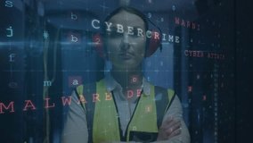 Female technician monitoring data center rack, overlay alerts flashing malware scanning warnings. Cybersecurity, technology, digital, industrial, protection, surveillance, innovation - Powered by Shutterstock - Get 15% off with code: PIKWIZARD15