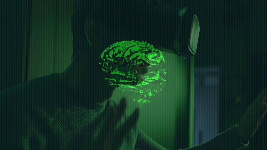Hooded programmer launching software swiping rotating brain hologram analyzing binary streams. Cyber, futuristic, technology, innovation, digital, biometric, neural - Powered by Shutterstock - Get 15% off with code: PIKWIZARD15