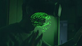 Hooded programmer launching software swiping rotating brain hologram analyzing binary streams. Cyber, futuristic, technology, innovation, digital, biometric, neural - Powered by Shutterstock - Get 15% off with code: PIKWIZARD15