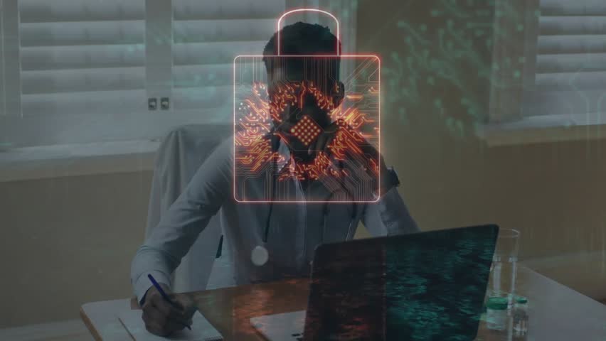Physician writing notes at laptop as AI circuit overlay activating pulsing nodes guiding diagnosis. Medical, technology, innovation, analysis, healthcare, digital, professional