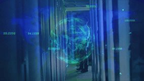 IT technician walking into server aisle inspecting cables with digital globe updating diagnostics. Technology, networking, data, infrastructure, security, innovation, connectivity - Powered by Shutterstock - Get 15% off with code: PIKWIZARD15