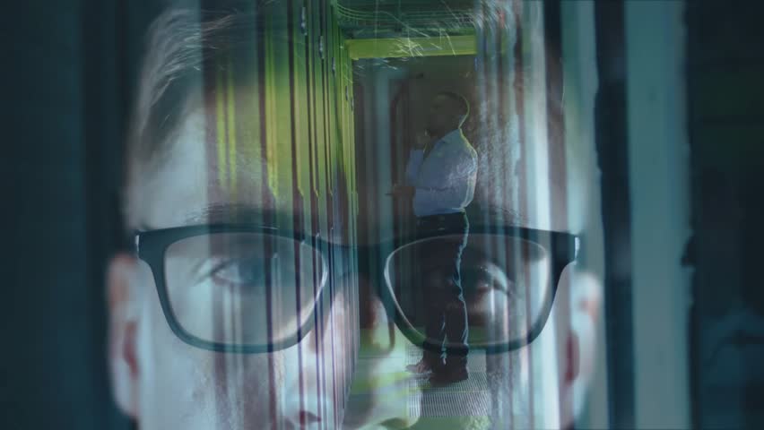 Server technician opening door, connecting to database for check, eyeglass overlaying SQL commands. Technology, cybersecurity, data center, network, infrastructure, digital, innovation - Powered by Shutterstock - Get 15% off with code: PIKWIZARD15