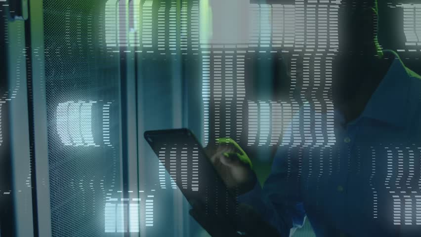 IT pro tapping tablet in data center displaying block grid and green beams reviewing binary logs. Technology, cyber, innovation, futuristic, cybersecurity, digital, connectivity - Powered by Shutterstock - Get 15% off with code: PIKWIZARD15