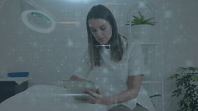 Woman tapping tablet initiating cybersecurity scan overlay reading malware alerts resolving threats. Cybersecurity, digital, modern, technology, professional, futuristic, protective - Powered by Shutterstock - Get 15% off with code: PIKWIZARD15