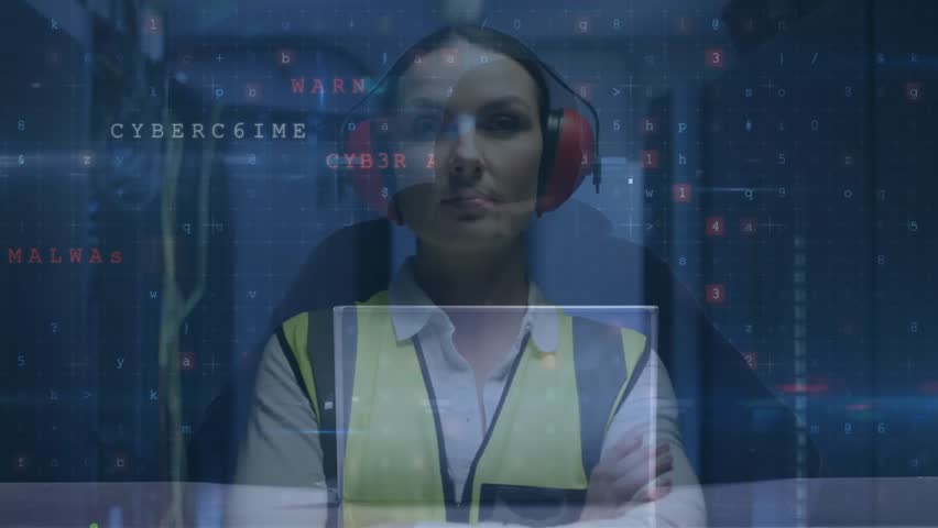 Female technician monitoring data center servers, detecting malware alerts from overlay appearing. Cybersecurity, data protection, digital defense, network security, technology, corporate, industrial - Powered by Shutterstock - Get 15% off with code: PIKWIZARD15