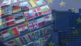 At start 3D globe rotating slowly, revealing national flags over static EU star skyline for news. Geography, globalization, digital, international, connectivity, technology, corporate - Powered by Shutterstock - Get 15% off with code: PIKWIZARD15