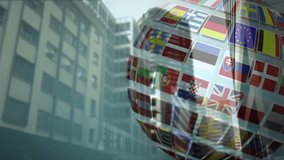 Sphere fading in initiating rotation, revealing shifting national flags with city reflections. Urban, globalization, diversity, architecture, modern, connectivity, international - Powered by Shutterstock - Get 15% off with code: PIKWIZARD15