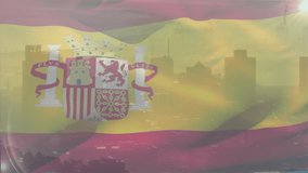 Spanish flag unfurling and fluttering across city skyline responding to gentle breeze in dawn glow. Patriotism, nationalism, fabric, movement, architecture, sunrise, urban - Powered by Shutterstock - Get 15% off with code: PIKWIZARD15
