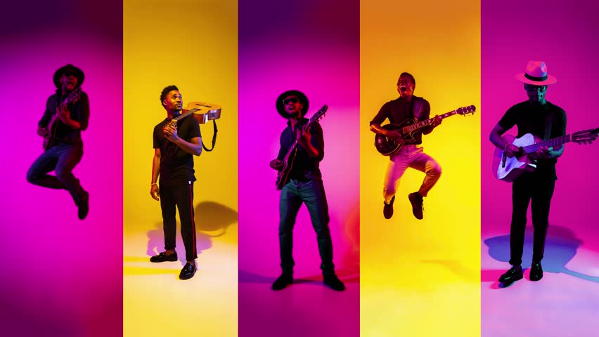 Loop animation of portraits of 3 young emotional musicians on multicolored background in neon light. Concept of human emotions, facial expression, sales. Playing guitar, singing, dancing, jumping.