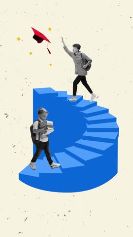 Video ad of young boy with books and teenager reaching graduation cap on spiral staircase symbolizing education levels. Concept of learning journey, growth steps, student success and future potential.