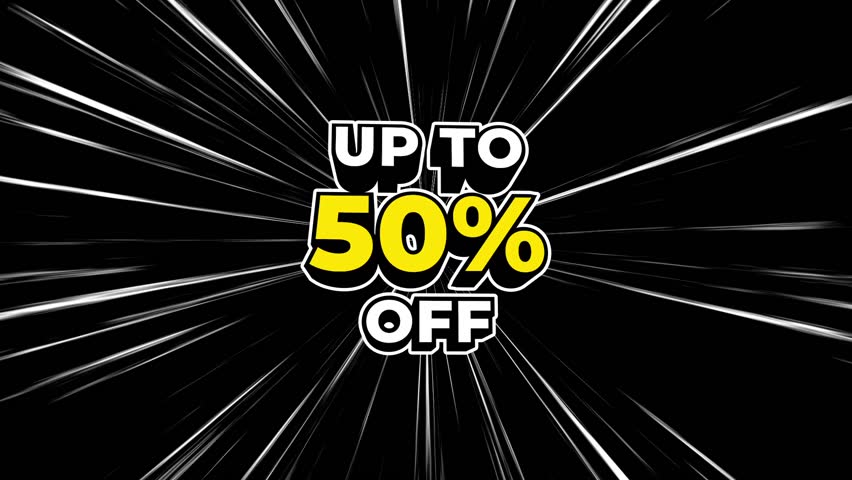 3D text 'Up to 50% Off' with fast speed lines in 4K. Ideal for Black Friday, sales, shopping promotions, holiday deals, discount marketing.
