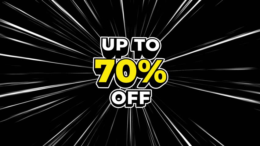 3D text 'Up to 70% Off' with fast speed lines in 4K. Ideal for Black Friday, sales, shopping promotions, holiday deals, discount marketing.