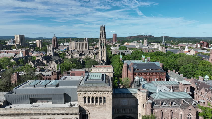 Harkness Tower Within Old Campus Yale University In New Haven, Connecticut, USA. - aerial shot