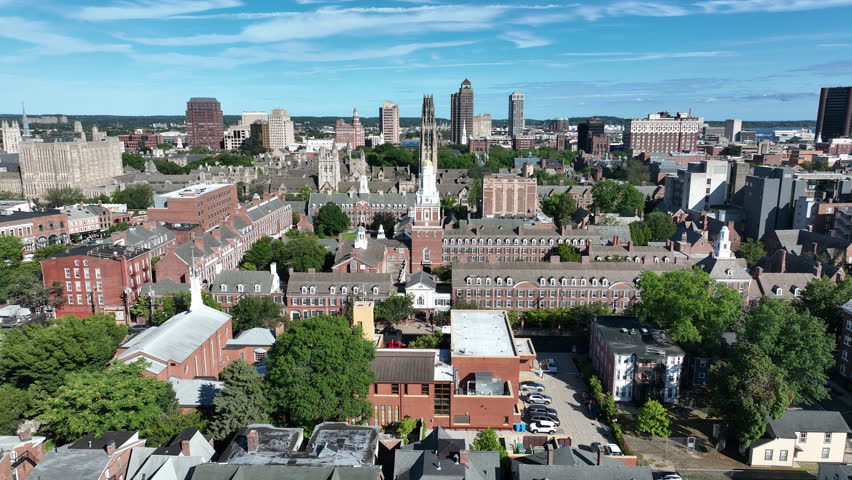 Davenport College, Pierson College And Harkness Tower At Old Campus Of Yale University In New Haven, Connecticut, USA. - aerial shot