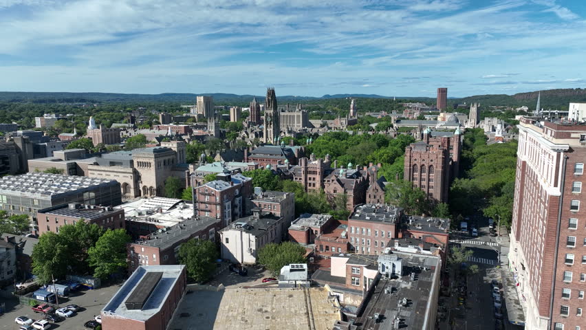 Old Campus Of Yale University And Harkness Tower From Shubert Theatre In New Haven, Connecticut, USA. - aerial shot