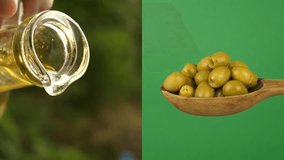 Pouring olive oil from a glass bottle into a wooden spoon with olives. Collage, multi-screen. - Powered by Shutterstock - Get 15% off with code: PIKWIZARD15