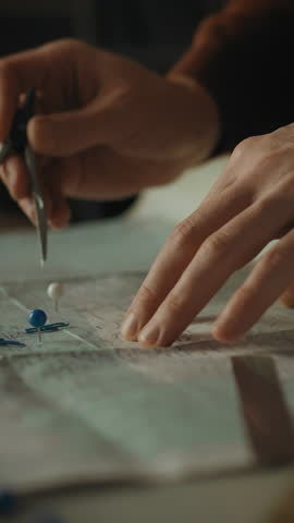A focused individual uses precision tools to analyze a detailed map in a dimly lit room. The careful examination aids in thorough planning for an upcoming project or adventure