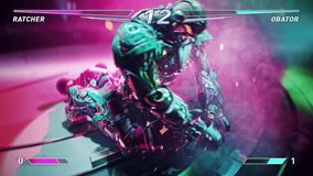 Green-lit stadium match ends with Robot winning sequence over cyborg. Fighting Fake Video Game Mock Up highlights victory celebcyborgion with dramatic fighting animation in immersive digital arena. - Powered by Shutterstock - Get 15% off with code: PIKWIZARD15