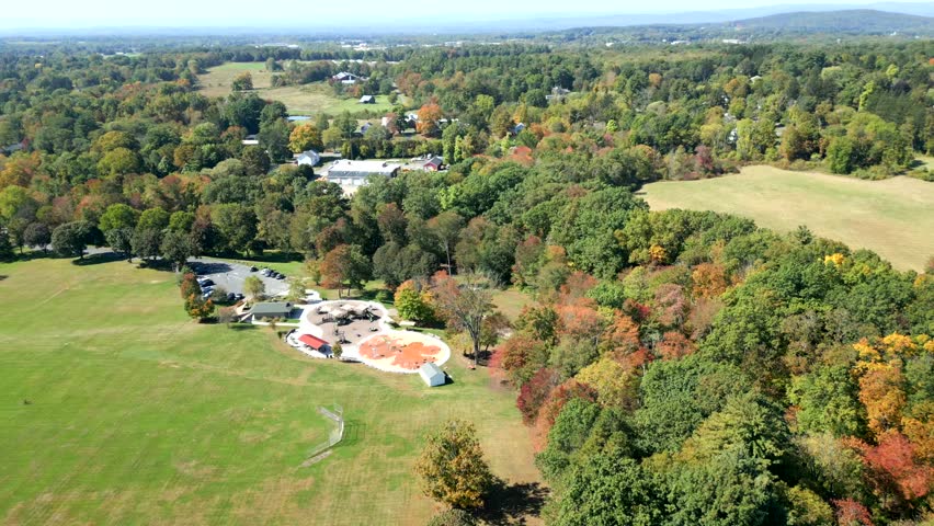 Panorama view of Groff Park picnic area in autumn season, Amherst, Massachusetts, USA