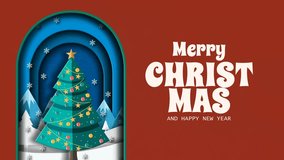 4K horizontal animation of a festive Christmas tree in snowy mountains with falling snowflakes and “Merry Christmas and Happy New Year” text. Perfect for holiday greetings, banners, and ads. - Powered by Shutterstock - Get 15% off with code: PIKWIZARD15
