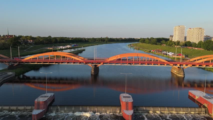 Bridge Traffic, River Odra, Flood Control Technology, Aerial View