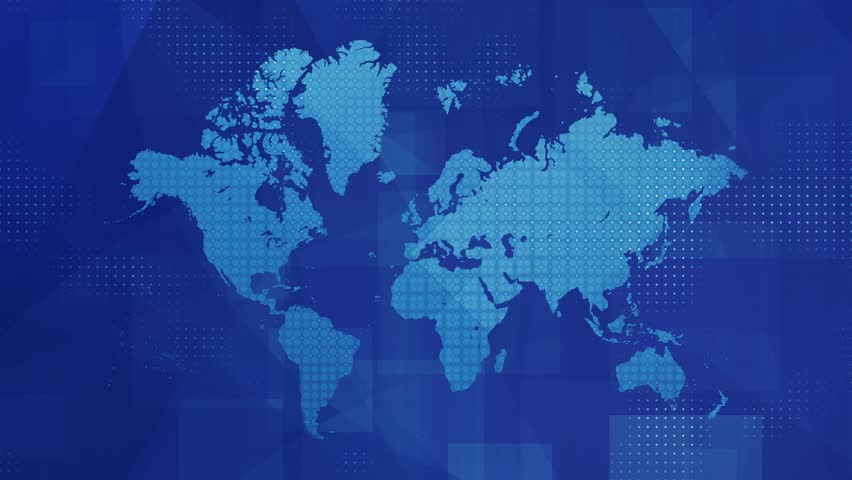 Animated blue world map with dotted halftone pattern and digital grid elements, news, international data networks and worldwide technology infrastructure for loopable presentations