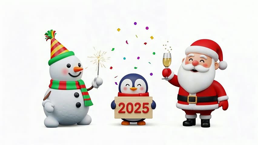 New Year 2025 Christmas Animation with Santa, Snowman and Penguin Celebration