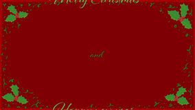 Festive red background featuring animated merry christmas and happy new year text. Green holly leaves and berries frame the greeting - Powered by Shutterstock - Get 15% off with code: PIKWIZARD15