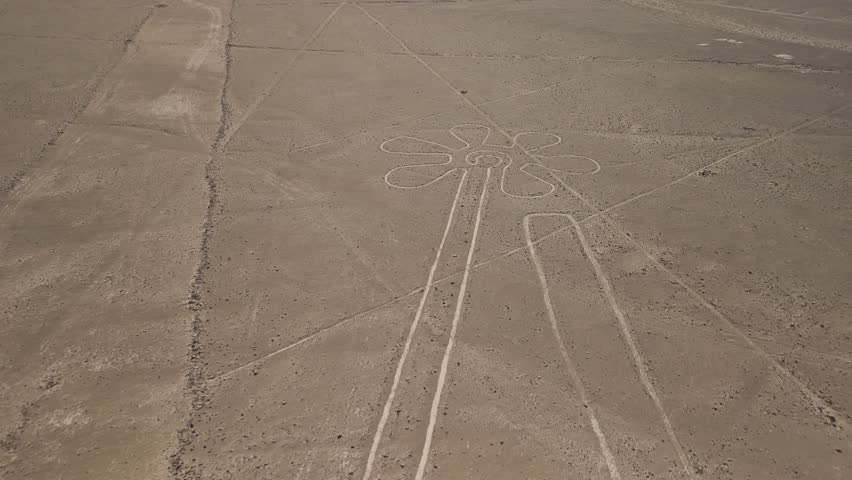Wide aerial view of The Flower geoglyph one of the mysterious and ancient Nazca Lines etched into the desert plateau of Peru