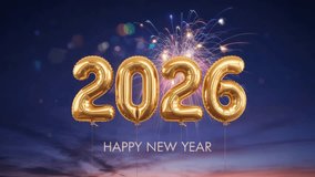 Happy New Year 2026 animation with golden foil balloons and colorful fireworks against a twilight sky. A festive, seamless loop for holiday greetings, invitations, and events. - Powered by Shutterstock - Get 15% off with code: PIKWIZARD15