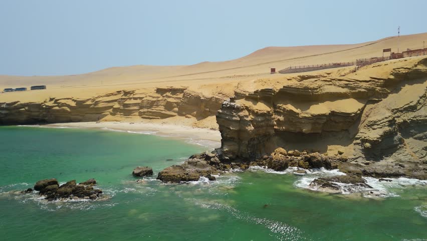 Aerial parallax shot over Playa La Mina in Paracas featuring sandy beach, rugged cliffs, and turquoise ocean in Peru