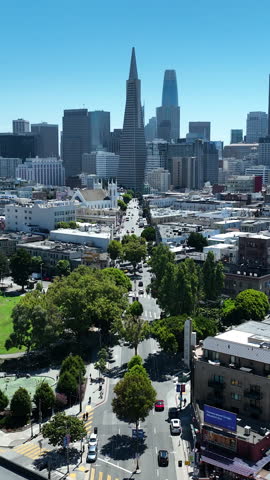 Vertical View Of Transamerica Pyramid Skyscraper And Salesforce Tower In San Francisco, Northern California, United States. Aerial Shot