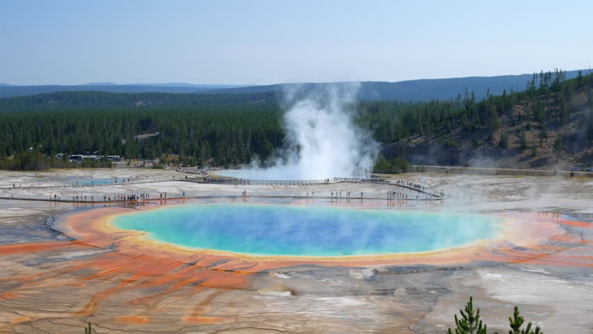 Mesmerizing aerial footage captures the vivid colors and thermal steam rising from Grand Prismatic Spring in Yellowstone National Park under a clear blue sky, showcasing nature