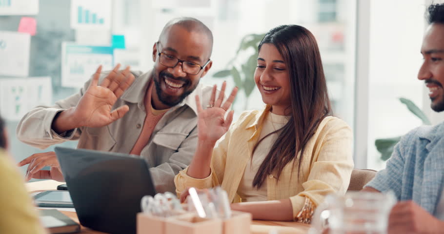 Happy people, virtual meeting or wave in office with laptop, collaboration or online discussion in company. Woman, men or colleagues in workplace with tech, talking or video call for business deal
