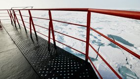 Red-railed ship deck overlooks sprawling polar sea ice with turquoise melt ponds and fractured floes, capturing a frozen ocean passage through drifting pack ice under a pale sky - Powered by Shutterstock - Get 15% off with code: PIKWIZARD15