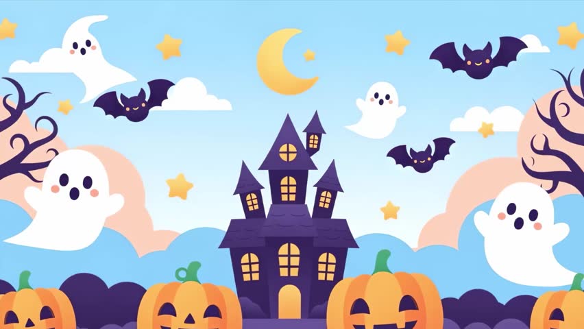 Adorable 2D Animation flat design Halloween background in pastel colors featuring cute pumpkins, friendly ghosts, kawaii bats, and playful haunted elements. Perfect for festive kids themes