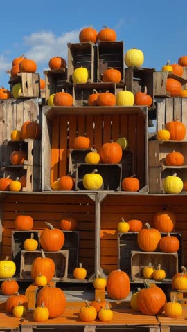 Bright multicolored decorative pumpkins stacked in aged wooden crates at Halloween autumn fair. Rustic festive harvest display, vibrant seasonal market scene, cinematic fall atmosphere